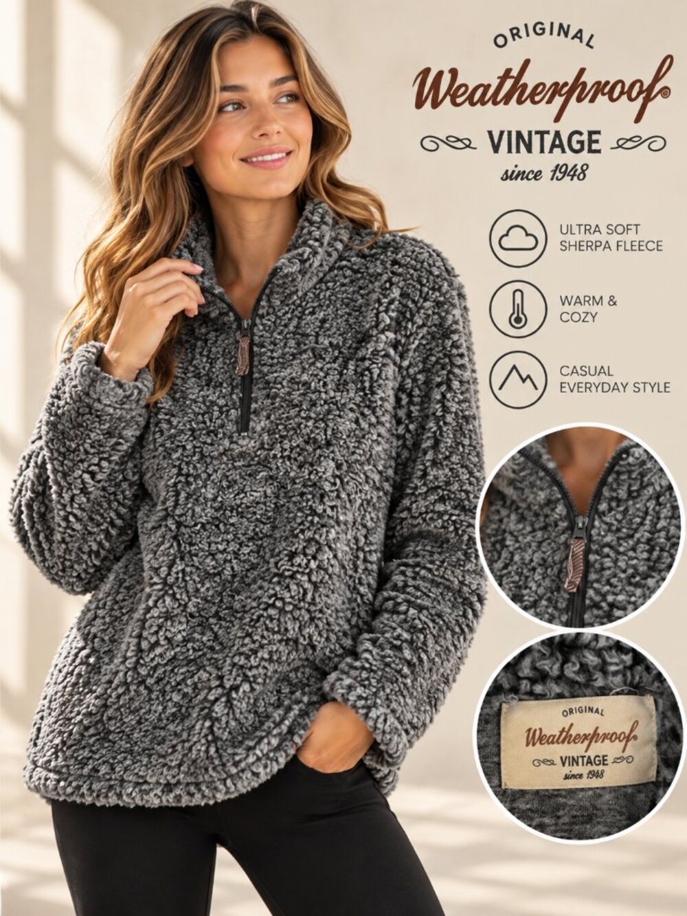 Original Weatherproof Vintage Women’s Sherpa 1/4 Zip Pullover Jacket - Charcoal